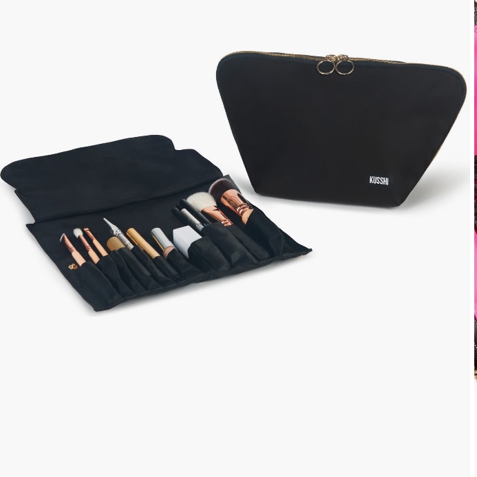 Kusshi Black Makeup Brush Roll & Cosmetic Bag Set